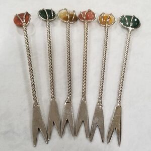 Gemstone polished stoned silver (sterling?plated?)cocktail pick 6 count